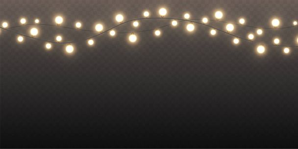 Luces de Navidad sobre un fondo transparente. Guirnalda brillando con luces de Navidad. Elemento decorativo festivo. Luces de Navidad brillantes. La guirnalda es multicolor. Aislado. Ilustración vectorial. - Vector, Imagen