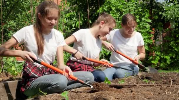 庭で働く母親を助け、庭のベッドで土を耕す2人の10代の女の子。家の裏庭や農場で一緒に働いている家族。自宅で健康的で有機野菜を栽培 - 映像、動画