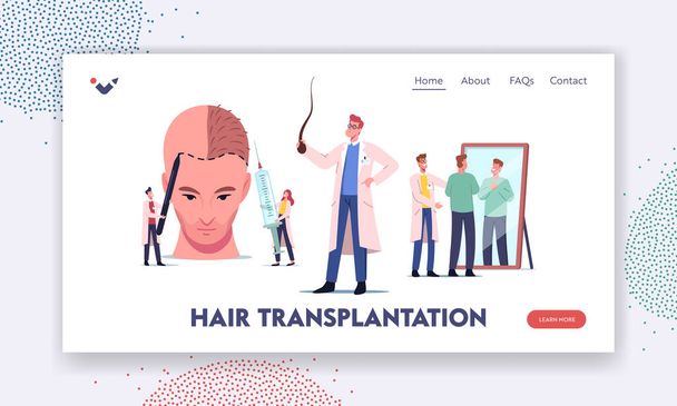 Plastic Surgery, Hair Loss Problem Landing Page Template. Tiny Doctor around Huge Male Head Making Hair Transplantation - Vector, Image