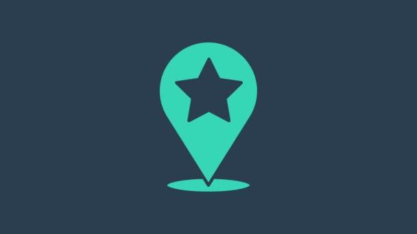 Puntero de mapa turquesa con icono de estrella aislado sobre fondo azul. Estrella icono de mapa pin favorito. Marcadores de mapa. Animación gráfica de vídeo 4K - Metraje, vídeo