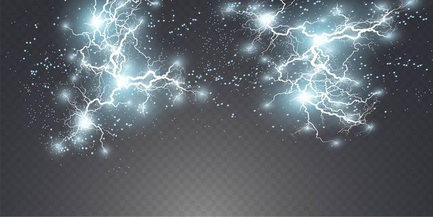 透明な背景に雷の閃光が火花を散らします。火と氷のフラクタル雷、プラズマパワーの背景ベクトル図 - ベクター画像