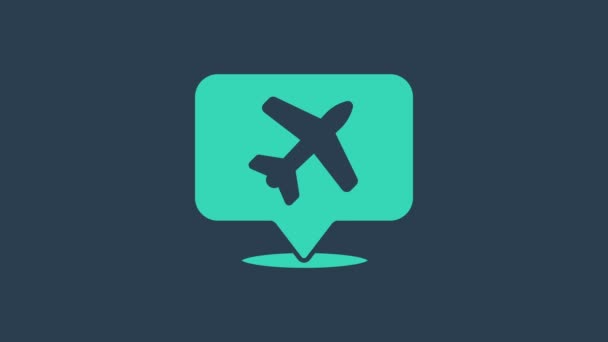 Bulle vocale turquoise avec icône de voyage en avion isolée sur fond bleu. Panneau de transport aérien. Symbole des fêtes. Animation graphique de mouvement vidéo 4K - Séquence, vidéo