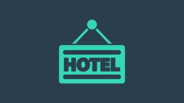 cartello turchese pubblicità esterna con testo icona dell'hotel isolato su sfondo blu. Animazione grafica 4K Video motion - Filmati, video