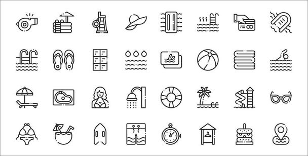 conjunto de 32 iconos delgados del contorno de la piscina como marcador de posición, vestidor, traje de baño, bikini, tobogán acuático, mujer, nadador, tarjeta de miembro, chanclas - Vector, imagen