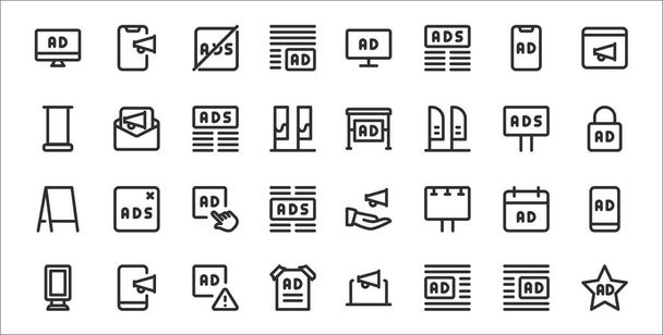 set of 32 advertising thin outline icons such as ads, ads, poster, banner, ads, - Vector, Image