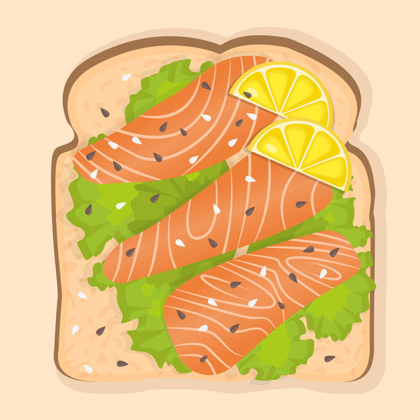 Sandwich with white toast bread, salmon slices, lemon slices, sesame seeds and lettuce. Vector illustration of a healthy breakfast for poster, advertisement, menu, web, restaurant. Healthy lifestyle. - Vektor, obrázek