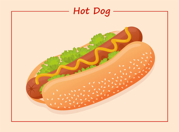 Illustrazione piatta vettoriale di delizioso hot dog americano per poster, pubblicità, menu, ristorante. Hot dog con salsiccia, senape, insalata e panino al sesamo. - Vettoriali, immagini