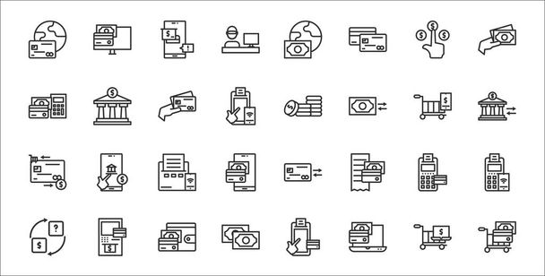set of 32 payment and bank thin outline icons such as online payment, online payment, money, currency exchange, edc, mini printer, bank transfer, coins, bank - Vector, Image