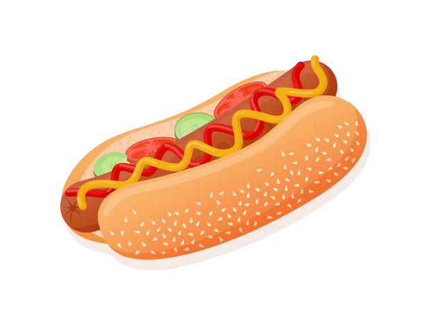 Illustrazione piatta vettoriale di delizioso hot dog americano per poster, pubblicità, menu, ristorante. Hot dog con pomodoro, cetriolo, ketchup, senape e panino di semi di sesamo. - Vettoriali, immagini