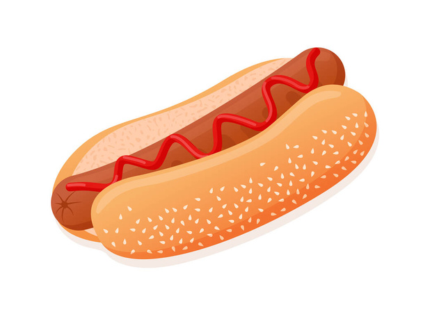 Wektor płaska ilustracja amerykańskiego pysznego hot doga na plakat, reklama, menu, restauracja. Hot dog z kiełbasą, ketchupem i bułką sezamową. - Wektor, obraz