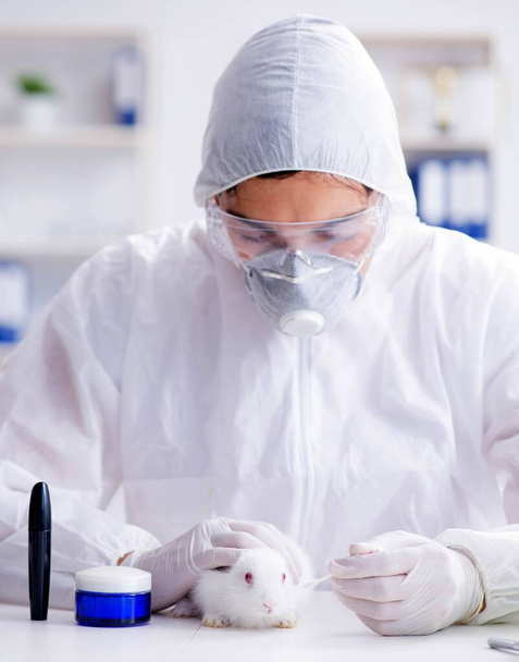 Scientist doing animal experiment in lab with rabbit - Photo, Image