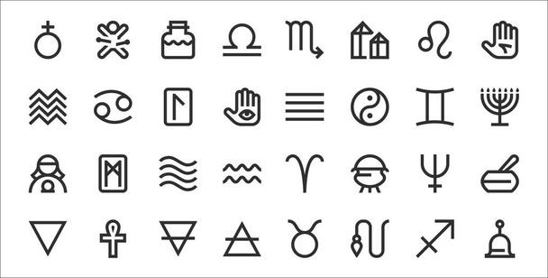 set di 32 icone esoteriche a contorno sottile come campana, pendolo, aria, acqua, nettuno, acqua, menorah, aria, cancro - Vettoriali, immagini