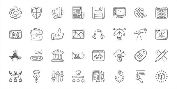 set of 32 web design and development thin outline icons such as cube, ship anchor, hierarchical structure, sitemap, sale tag, bank, user, headphone, briefcase - Vector, Image