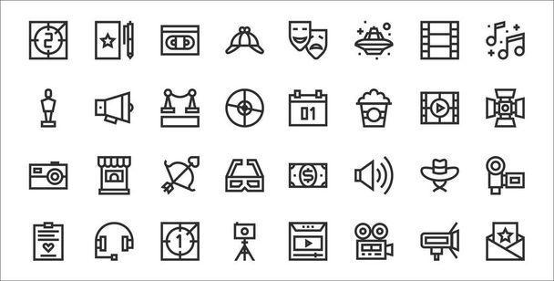 sada 32 filmového průmyslu tenké obrysové ikony, jako je pozvání, videokamera, fotoaparát, scénář, klobouk, šipka, světlo, kalendář, megafon - Vektor, obrázek
