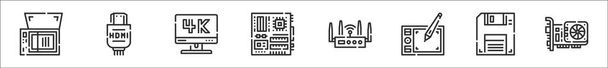 set of 8 computer hardware thin outline icons such as scanner, hdmi cable, monitor, motherboard, router, pen tablet, diskette, graphics card - Vector, Image