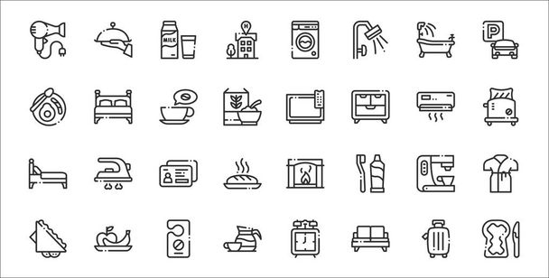 sada 32 bed and breakfast tenké obrysové ikony jako toast, pohovka, káva, sendvič, kávovar, id card, toustovač, tv, postel - Vektor, obrázek