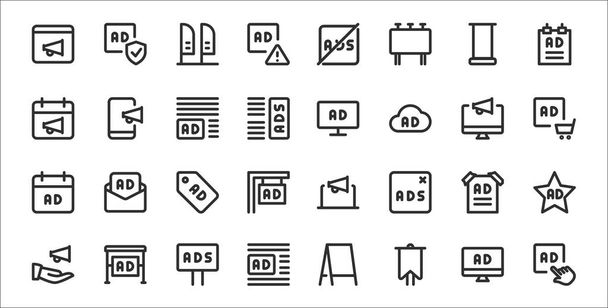 set of 32 advertising thin outline icons such as ads, sports and competition, ads, advertising, poster, ads, broadcast - Vector, Image