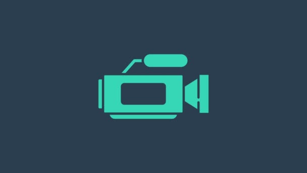 Türkisfarbenes Kamera-Symbol auf blauem Hintergrund. Videokamera. Filmschild. Filmprojektor. 4K Video Motion Grafik Animation - Filmmaterial, Video