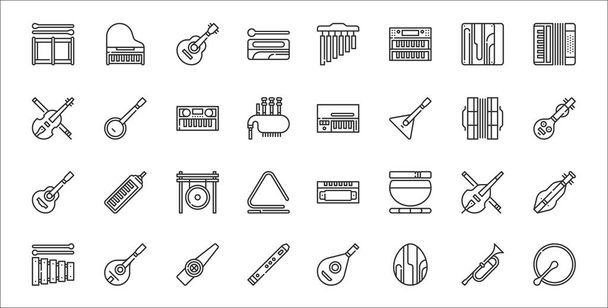 set of 32 music instruments thin outline icons such as bodhr?n, shaker, flute, xylophone, cello, gong, veena, clavinet, banjo - Vector, Image