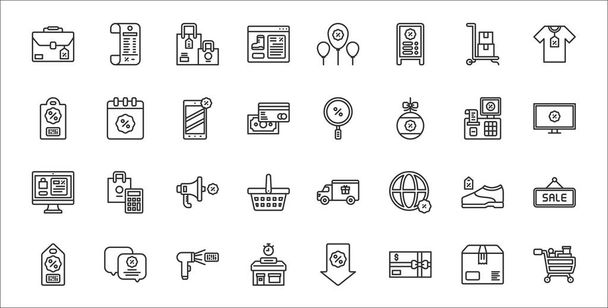 sada 32 černých pátku tenké obrysové ikony, jako je nákupní košík, voucher, obchod, cenovka, obuv, reproduktor, televize, lupa, kalendář - Vektor, obrázek