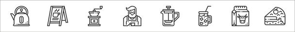 set of 8 coffe shop thin outline icons such as kettle, , coffee grinder, barista, coffee maker, cold coffee, milk, cake - Vector, Image