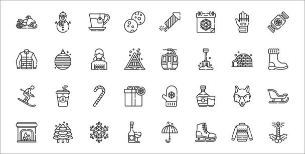 set of 32 winter thin outline icons such as candle, ice skating, wine, fireplace, wolf, candy cane, snow boot, cable car cabin, christmas ball - Vector, Image