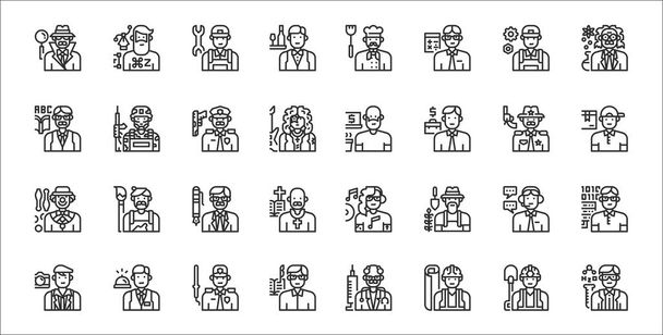 set of 32 professions and occupation thin outline icons such as chemist, engineer, writer, photographer, customer service, ceo, delivery man, freelancer, soldier - Vector, Image