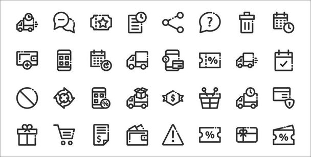 sada 32 eommerce základní tenké obrysové ikony, jako je sleva, sleva, peněženka, dárková krabice, dodávka kamion, mobilní aplikace, kalendář, platební metoda, mobilní aplikace - Vektor, obrázek