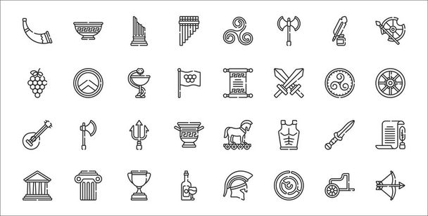zestaw 32 starożytnych greckich ikon cienkiego zarysu takich jak łucznictwo, labirynt, wino, partenon, sztylet, trójząb, wiatrak, papirus, tarcza - Wektor, obraz