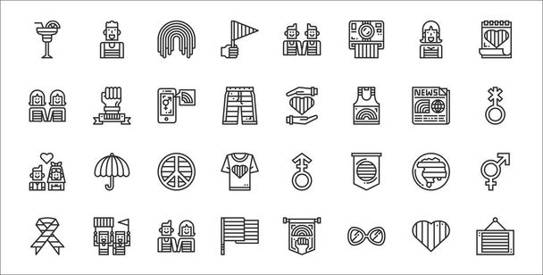 conjunto de 32 iconos delgados lgbt contorno tales como, gafas de sol, bandera, cinta, mundo, paz, género queer, dar, - Vector, imagen
