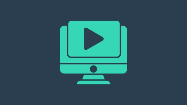 Turquoise Online grać ikonę wideo izolowane na niebieskim tle. Monitor komputerowy i taśma filmowa ze znakiem odtwarzania. 4K Animacja graficzna ruchu wideo - Materiał filmowy, wideo