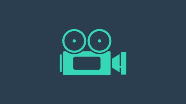 Turquoise Cinema camera icon isolated on blue background. Video camera. Movie sign. Film projector. 4K Video motion graphic animation - Footage, Video