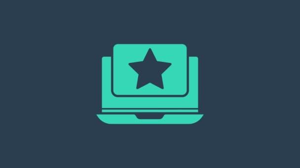 Laptop Turquesa com ícone de estrela isolado no fundo azul. Favorito, melhor classificação, símbolo de prêmio. Animação gráfica em movimento de vídeo 4K - Filmagem, Vídeo