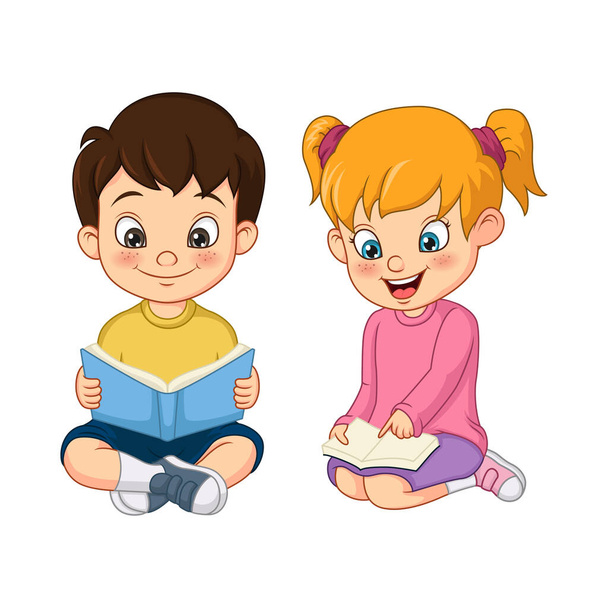 Vector illustration of Cute little boy and girl students reading a book together - Vector, Image