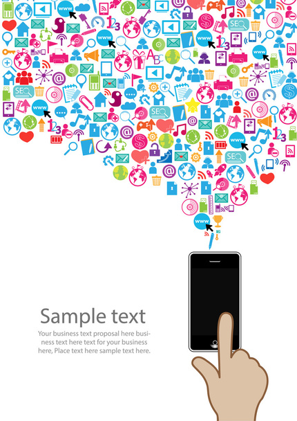 ソーシャル ネットワークのアイコンの背景を持つテンプレート設計携帯電話のアイデア - 写真・画像
