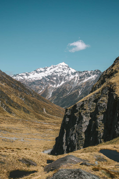 Montagnes enneigées en arrière-plan, piste de Rees-Dart, Nouvelle-Zélande  - Photo, image