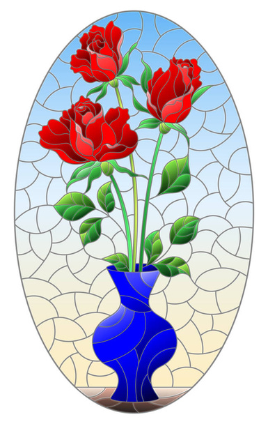 花静物のステンドグラス風イラスト、青を基調とした赤いバラの花束の花瓶、楕円形のイメージ - ベクター画像