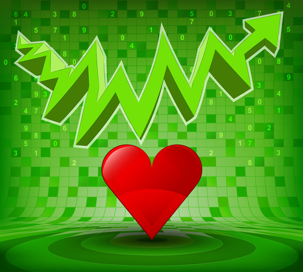 Vörös szív alatt zöld emelkedő zig zag nyíl - Vektor, kép