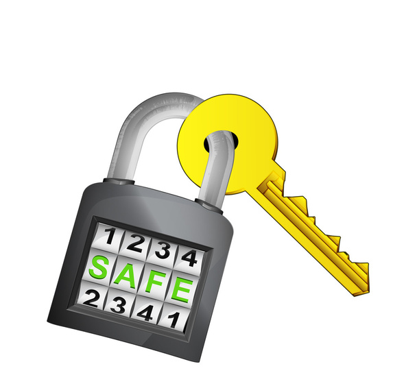 золотой ключ, пойманный в замке безопасности изолированный вектор
 - Вектор,изображение