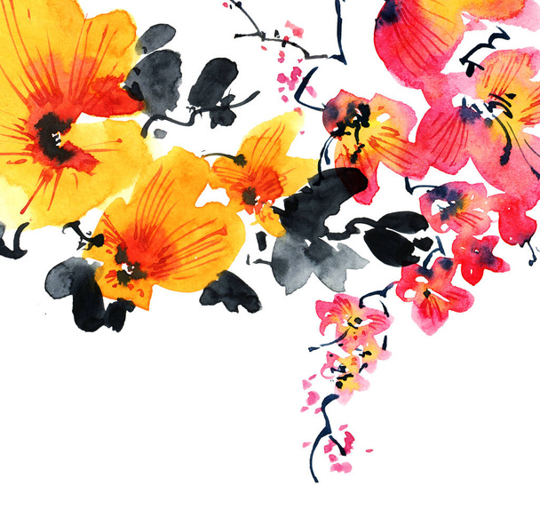 Acuarela e ilustración de tinta del árbol de sakura en flor con flores y brotes. Pintura tradicional oriental en estilo sumi-e, u-sin y gohua. - Foto, imagen