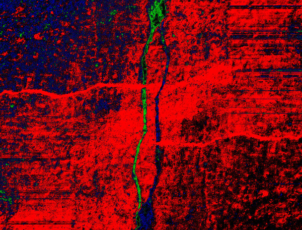 Abstrakter Hintergrund aus rot, orange, gelb, grün, blau, violett, mit einem spektakulären Rhythmus aus dunklen und rohen Einsätzen. Surreales Bild in modernem Stil. Für Ihre Tapeten, Kunstprojekte und Werke. - Foto, Bild