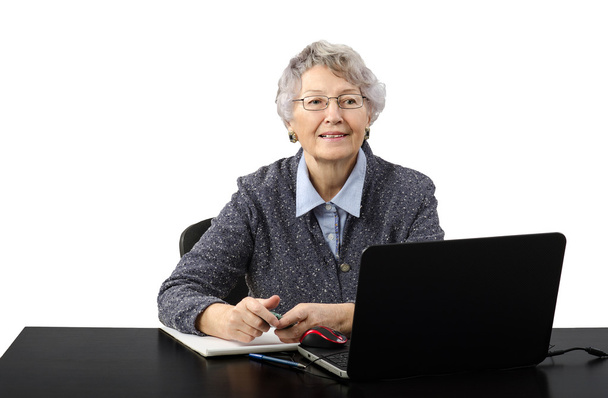 Gris peludo anciana hablando en skype
 - Foto, imagen