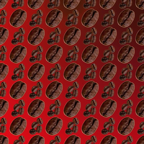 Coffee beans laid out in a pattern on a red and black background, wallpaper, texture, top view - Φωτογραφία, εικόνα