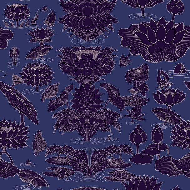 Tropical vintage lotus flower, water lily seamless chinese pattern - Vector, Image