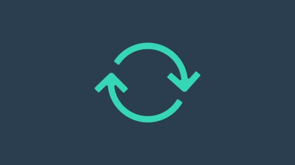 Значок "Обновить бирюзовый" выделен на синем фоне. Символ перезагрузки. Стрелки вращения в знаке круга. Видеографическая анимация 4K - Кадры, видео