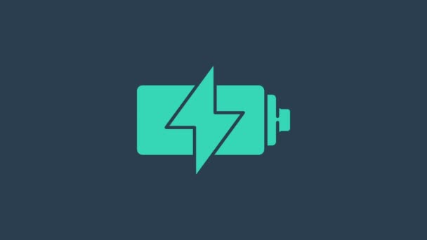 Türkiz Akkumulátor ikon elszigetelt kék alapon. Villámcsapás szimbólum. 4K Videó mozgás grafikus animáció - Felvétel, videó