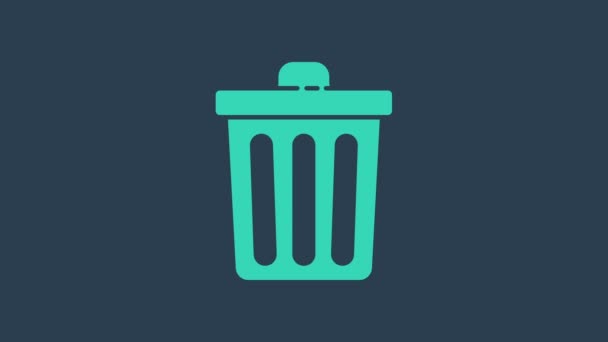 Бирюзовый мусорный бак значок изолирован на синем фоне. Знак мусорного бака. Reycle basket icon. Значок офисного мусора. Видеографическая анимация 4K - Кадры, видео