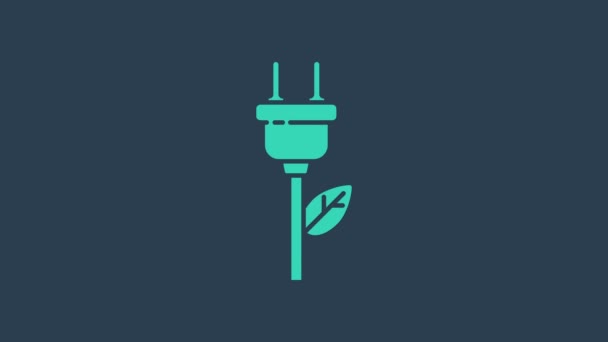 Turkoois Elektrische besparing plug in blad pictogram geïsoleerd op blauwe achtergrond. Bespaar energie. Milieubescherming. Bio-energie. 4K Video motion grafische animatie - Video