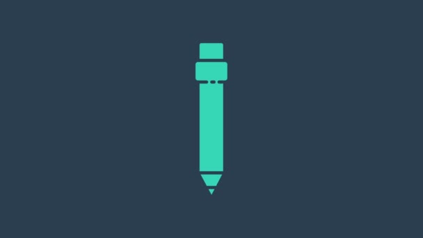Turkusowy ołówek z ikoną gumki na niebieskim tle. Narzędzia do rysowania i edukacji. Symbol biura szkolnego. 4K Animacja graficzna ruchu wideo - Materiał filmowy, wideo