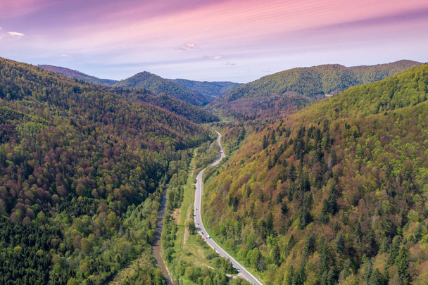 Aerial view of the mountains and valley with highway in spring. Beautiful nature landscape. Carpathian mountains. Ukraine - Foto, afbeelding